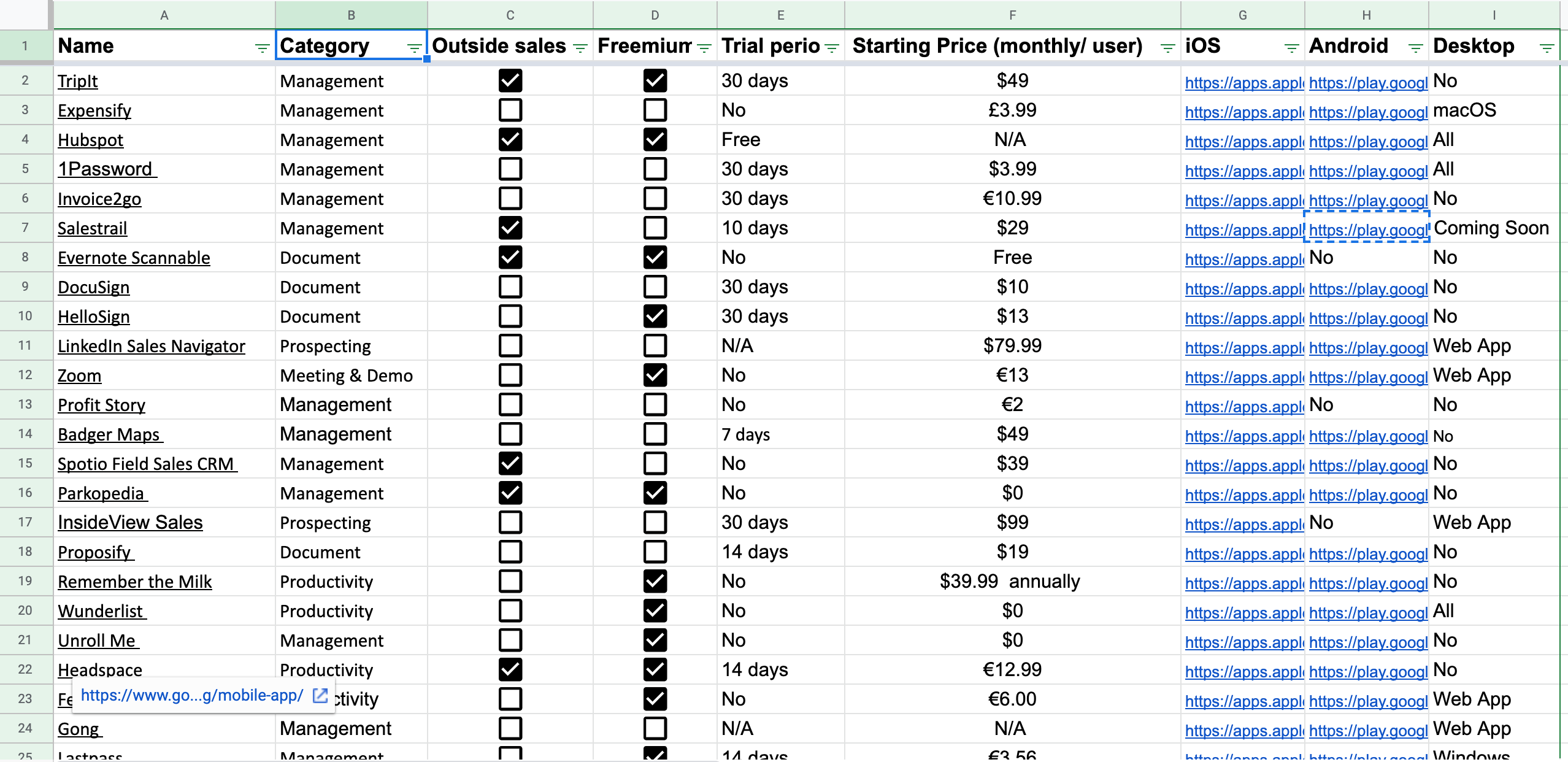 excel screenshot of sales apps list