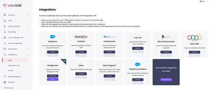 Salestrail Integrations Section