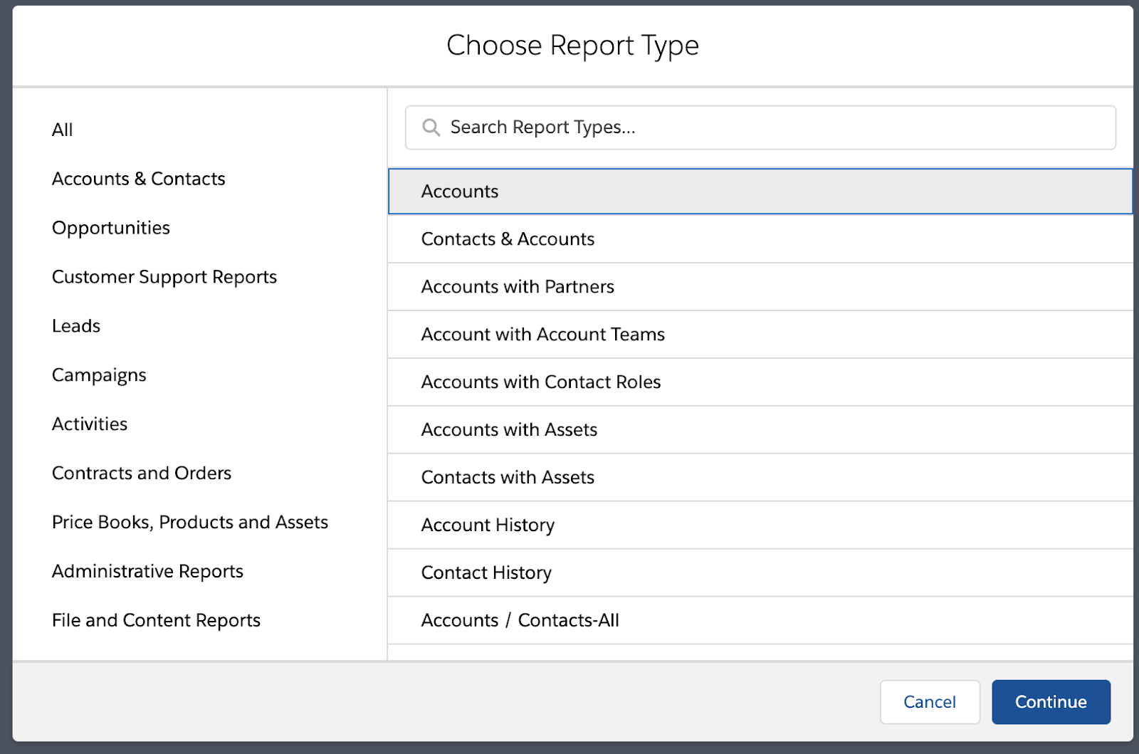 choose report type salesforce screenshot