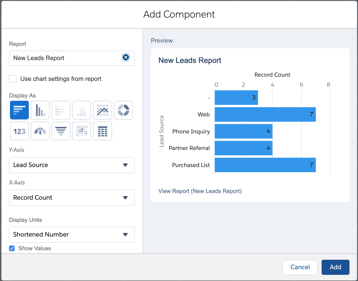 add component salesforce dashboard screenshot